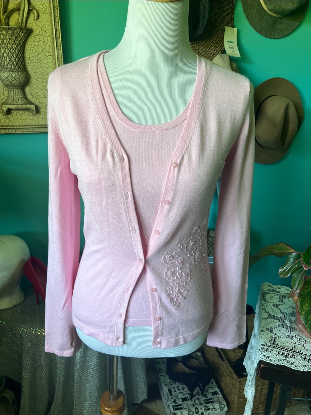 Vertigo Paris Light Pink Embellished Cardigan & Shell Set